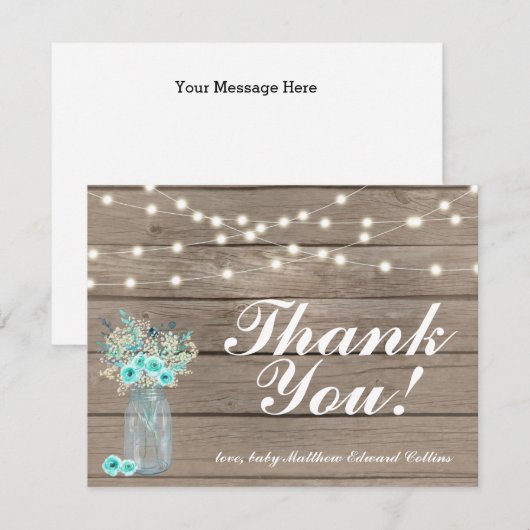 Rustikales Holz Danke String Lights Note Card Einladung (Vorne/Hinten)