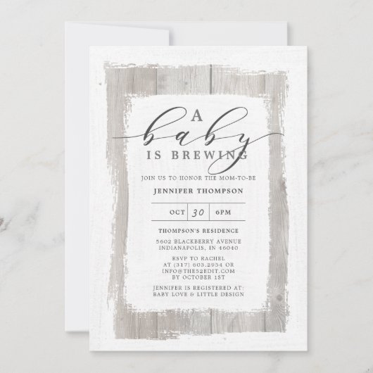 Rustikales Holz, das ein Baby braut, Babydusche Einladung (Vorderseite)