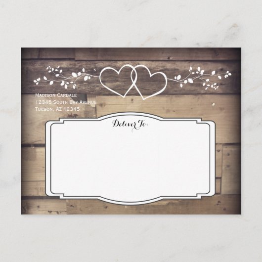 Rustikales Holz - Doppelherzen Save the Date Postk Ankündigungspostkarte (Rückseite)