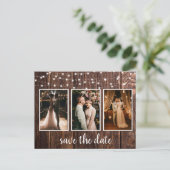 Rustikales Holz Drei-Foto-Leuchten Save the Date Postkarte (Stehend Vorderseite)