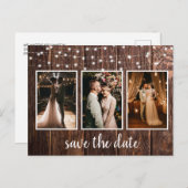 Rustikales Holz Drei-Foto-Leuchten Save the Date Postkarte (Vorne/Hinten)