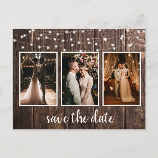 Rustikales Holz Drei-Foto-Leuchten Save the Date Postkarte (Vorderseite)