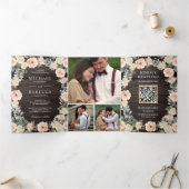 Rustikales Holz Dusty Peach Floral QR Code Hochzei Dreifach Gefaltete Einladung (Innenseite)