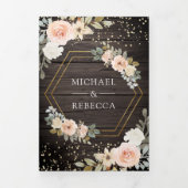 Rustikales Holz Dusty Peach Floral QR Code Hochzei Dreifach Gefaltete Einladung (Cover)