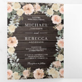 Rustikales Holz Dusty Peach Floral QR Code Hochzei Dreifach Gefaltete Einladung (Innen Erste Seite)
