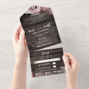 Rustikales Holz Dusty Rose Vintage Hochzeit All In One Einladung