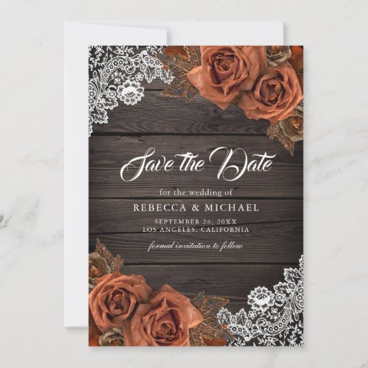 Rustikales Holz Dusty Terracotta Rose Hochzeitsfei Save The Date (Vorderseite)