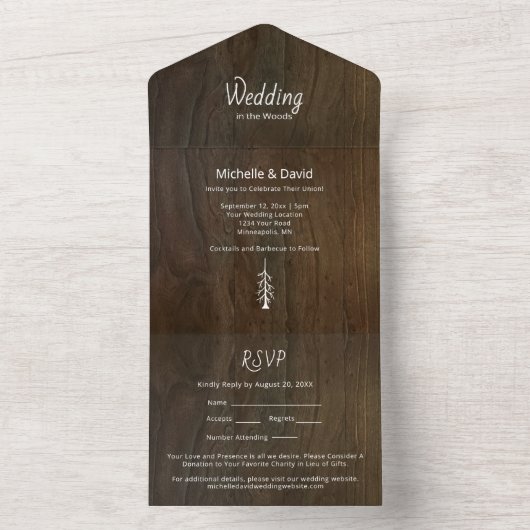 Rustikales Holz einfache Pinienbäume Hochzeit im F All In One Einladung (Innen Boden)