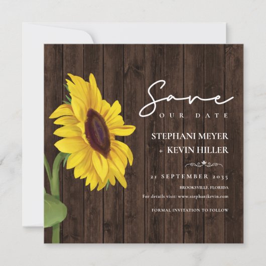 Rustikales Holz Einfache Sonnenblume Hochzeit Save The Date (Vorderseite)