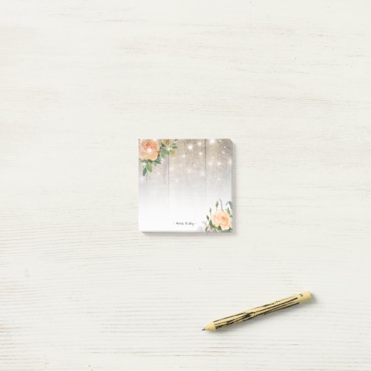 Rustikales Holz Elegantes Weißes Rosenblumen Post-it Klebezettel (Auf Schreibtisch)