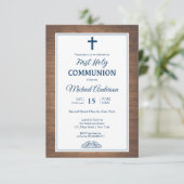 Rustikales Holz Erster Kommunion Religiöse Veranst Einladung (Stehend Vorderseite)