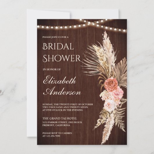 Rustikales Holz Erthy Floral Pampas Brautparty Einladung (Vorderseite)