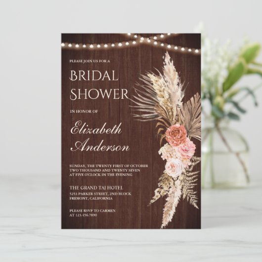 Rustikales Holz Erthy Floral Pampas Brautparty Einladung (Stehend Vorderseite)