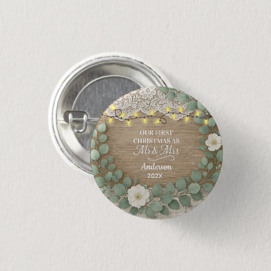 Rustikales Holz & Eukalyptus Mr & Mrs Weihnachten Button (Vorne & Hinten)