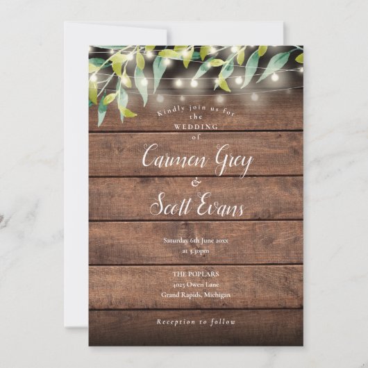 Rustikales Holz Eukalyptus String Lights Hochzeit Einladung (Vorderseite)
