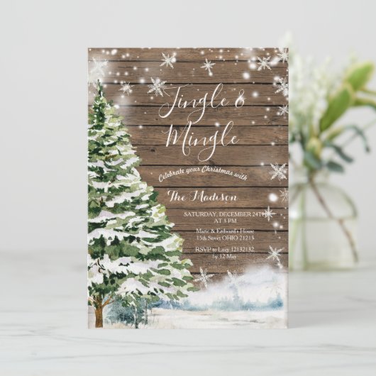 Rustikales Holz Evergreen Jingle & Mingle Winter P Einladung (Stehend Vorderseite)