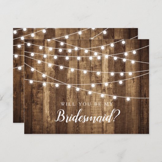 Rustikales Holz & Fairy Lights Bridesmaid Vorschla Postkarte (Vorne/Hinten)