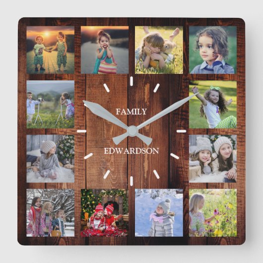 Rustikales Holz Familienname Collage Monogram Name Quadratische Wanduhr (Vorderseite)
