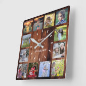 Rustikales Holz Familienname Collage Monogram Name Quadratische Wanduhr (Winkel)