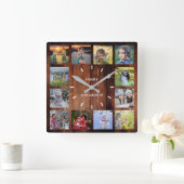 Rustikales Holz Familienname Collage Monogram Name Quadratische Wanduhr (Zuhause)