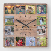 Rustikales Holz Familienname Collage Monogram Name Quadratische Wanduhr (Vorderseite)