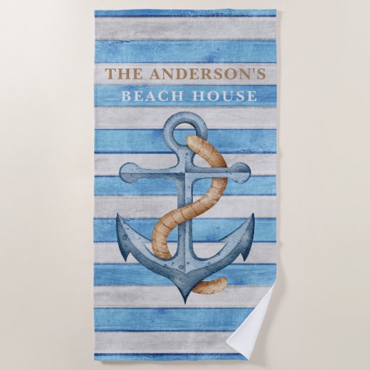 Rustikales Holz Family Beach House Schöne Streifen Strandtuch (Vorderseite)