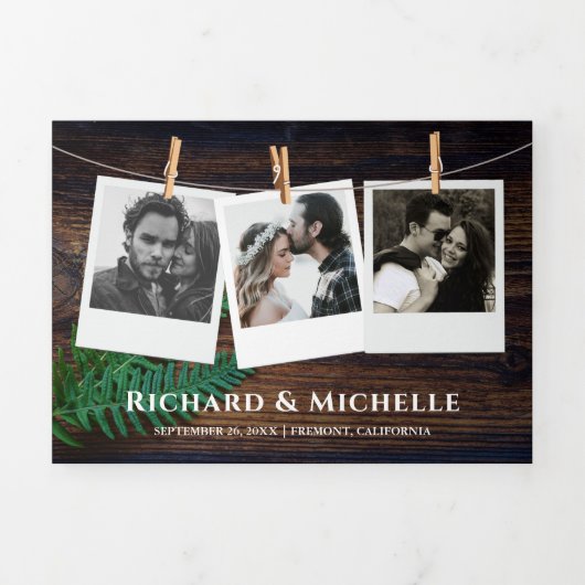 Rustikales Holz Fern Greenerity String Lights Hoch Dreifach Gefaltete Einladung (Cover)