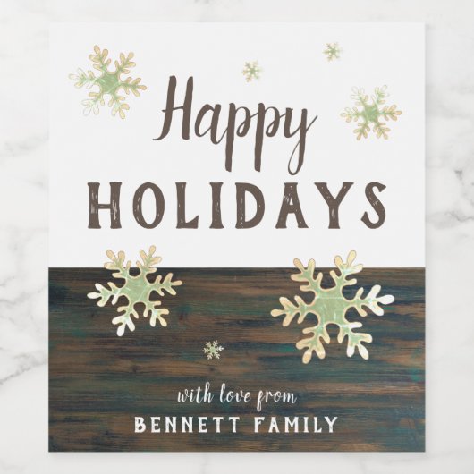 Rustikales Holz Festliche Schneeflocken Weihnachts Weinetikett (Einzelnes Label)