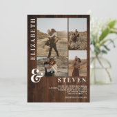 Rustikales Holz fett Ampere und 5 Foto Grid Hochze Einladung (Stehend Vorderseite)