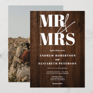 Rustikales Holz fett Mr. Mrs. script Foto Hochzeit Einladung