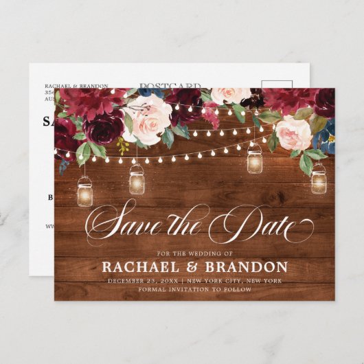 Rustikales Holz Floral Mason Jar Save the Date Postkarte (Vorne/Hinten)
