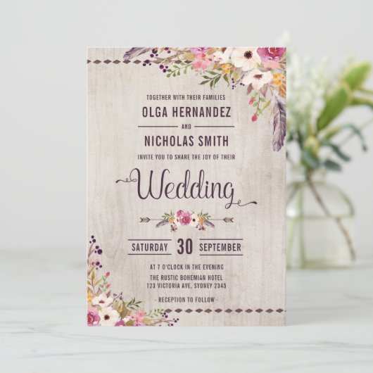 Rustikales Holz Floral Wedding Einladung Boho Part (Stehend Vorderseite)