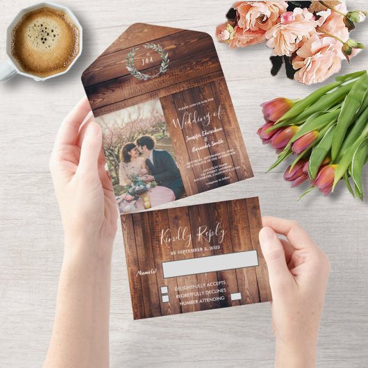 Rustikales Holz Foto Aquarell Blätter Hochzeit All In One Einladung