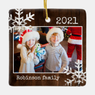 Rustikales Holz Foto Grenzen Weiße Schneeflocken  Keramikornament