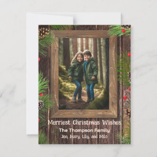 Rustikales Holz-Foto mit Kiefernbaum Feiertagskarte