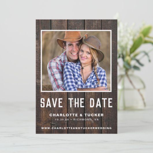 Rustikales Holz-Foto Save the Date (Stehend Vorderseite)