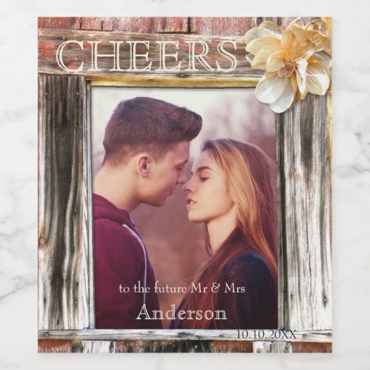 Rustikales Holz Foto Verlobung Weinetikett (Einzelnes Label)