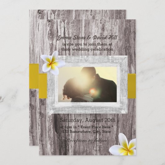 Rustikales Holz & Frangipani Foto Hochzeit Einladung (Vorne/Hinten)