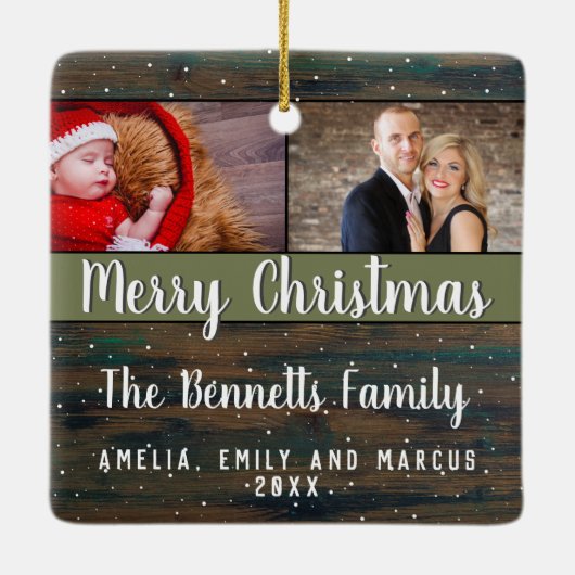 Rustikales Holz Frohe Weihnachten 2 Foto Urlaub Keramikornament (Rückseite)