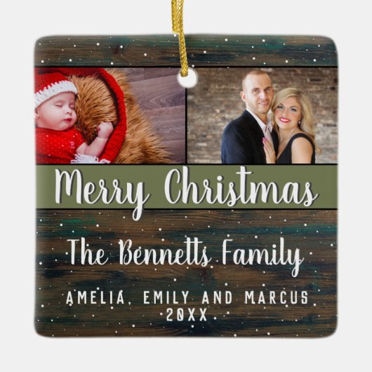 Rustikales Holz Frohe Weihnachten 2 Foto Urlaub Keramikornament (Vorderseite)