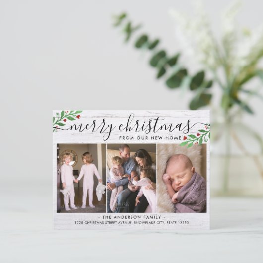 Rustikales Holz Frohe Weihnachten 3 Foto Urlaub Be Ankündigungspostkarte (Stehend Vorderseite)