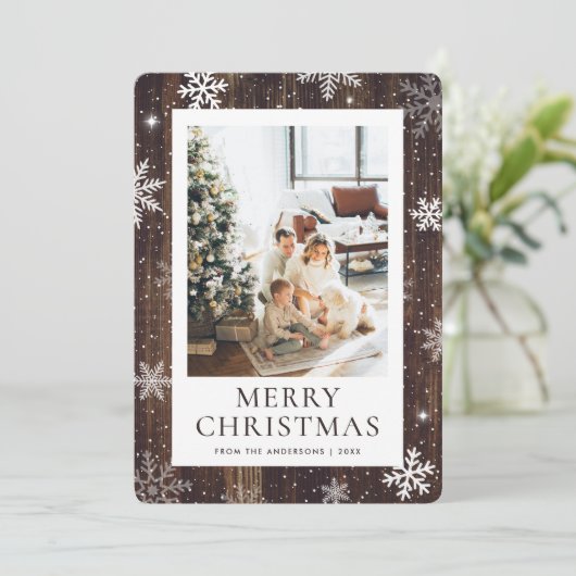 Rustikales Holz Frohe Weihnachten Schneeflocken Sc (Stehend Vorderseite)