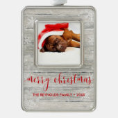 Rustikales Holz Frohe Weihnachts-Foto Gerahmte Orn Rahmen-Ornament Silber (Vorderseite)