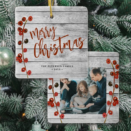 Rustikales Holz Frohe Weihnachtsfamilie Foto Sake Keramikornament