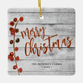 Rustikales Holz Frohe Weihnachtsfamilie Foto Sake Keramikornament (Vorderseite)