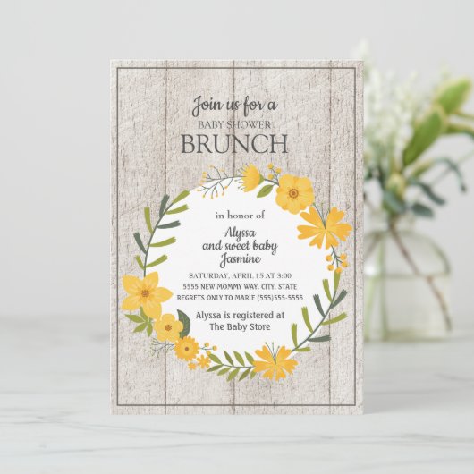 Rustikales Holz Gelb Blütendusche Brunch Einladung (Stehend Vorderseite)