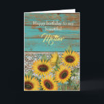 Rustikales Holz Gelbe Sonnenblumen Mutter Geburtst Karte<br><div class="desc">Ein rustikales aquamarines Holz,  Spitzen und gelbe Sonnenblumen für meine Mutter Geburtstagskarte. Die Meldung auf der Karte kann personalisiert werden,  wenn sie gewollt wird. Die Rückseite ist mit Holz und Sonnenblumen gestaltet. Bitte sehen Sie alle Fotos. Diese hübsche rustikale Geburtstagskarte würde ihr einen tollen Sake geben.</div>