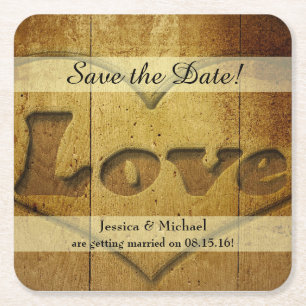 Rustikales Holz geschnitzte Liebe Save the Date Rechteckiger Pappuntersetzer