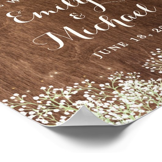 Rustikales Holz Gipskraut Hochzeit Begrüßungszeich Poster (Ecke)