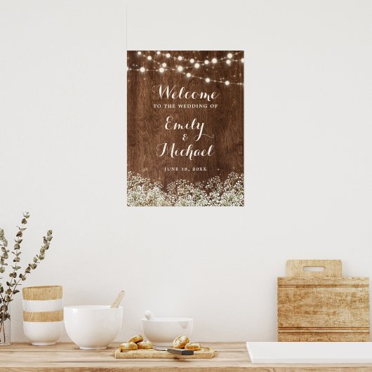 Rustikales Holz Gipskraut Hochzeit Begrüßungszeich Poster (Küche)